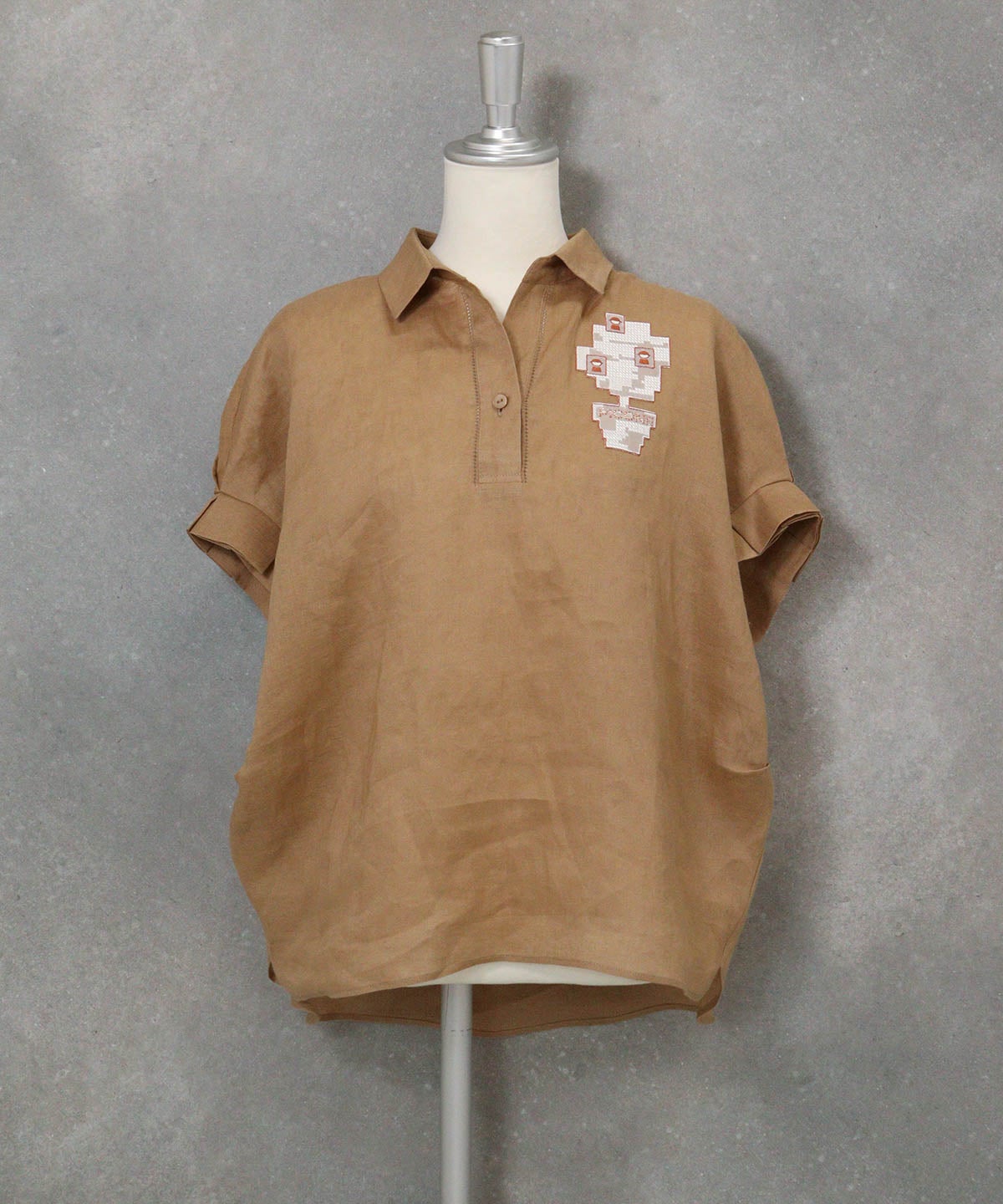 麻100％ポロブラウス(キャメル)前