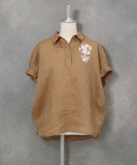 麻100％ポロブラウス(キャメル)前