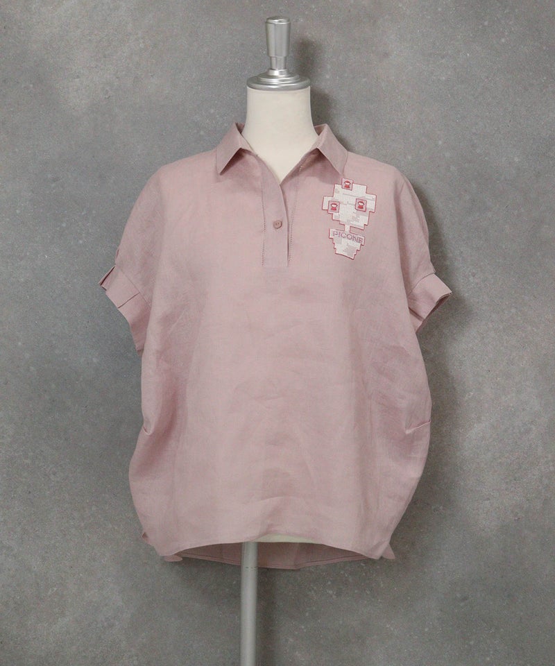麻100％ポロブラウス(ピンク)前