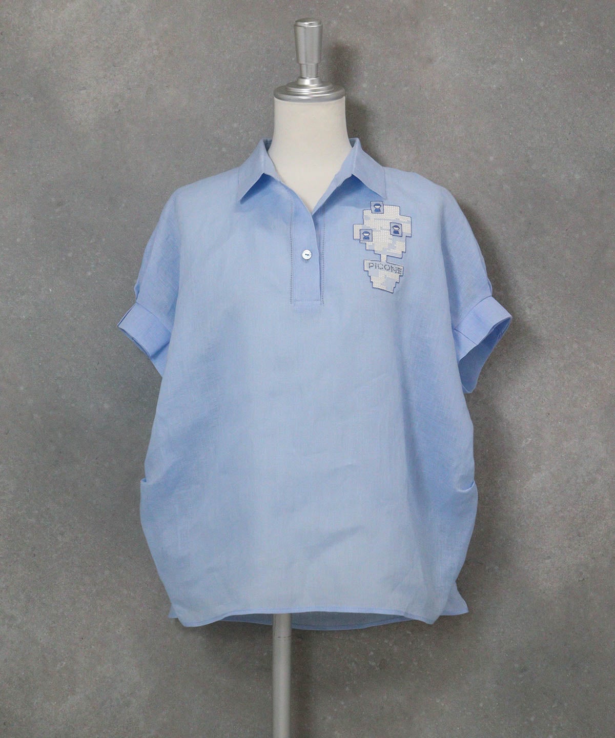 麻100％ポロブラウス(ライトブルー)前