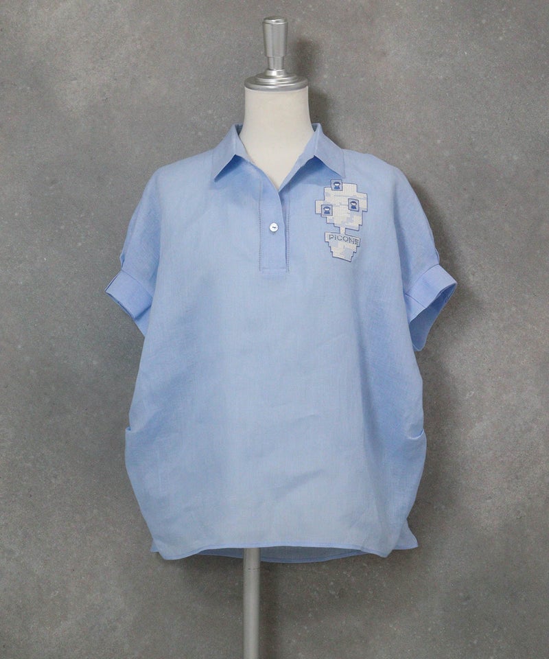 麻100％ポロブラウス(ライトブルー)前