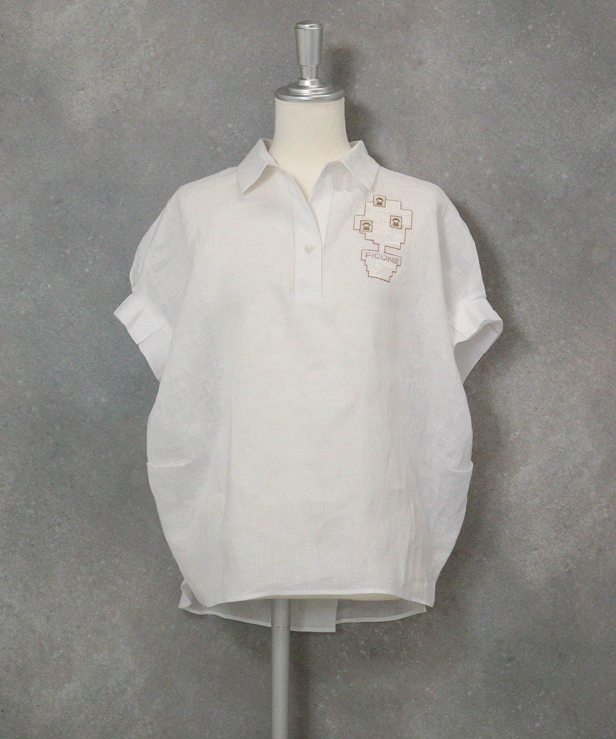 麻100％ポロブラウス(ホワイト)前