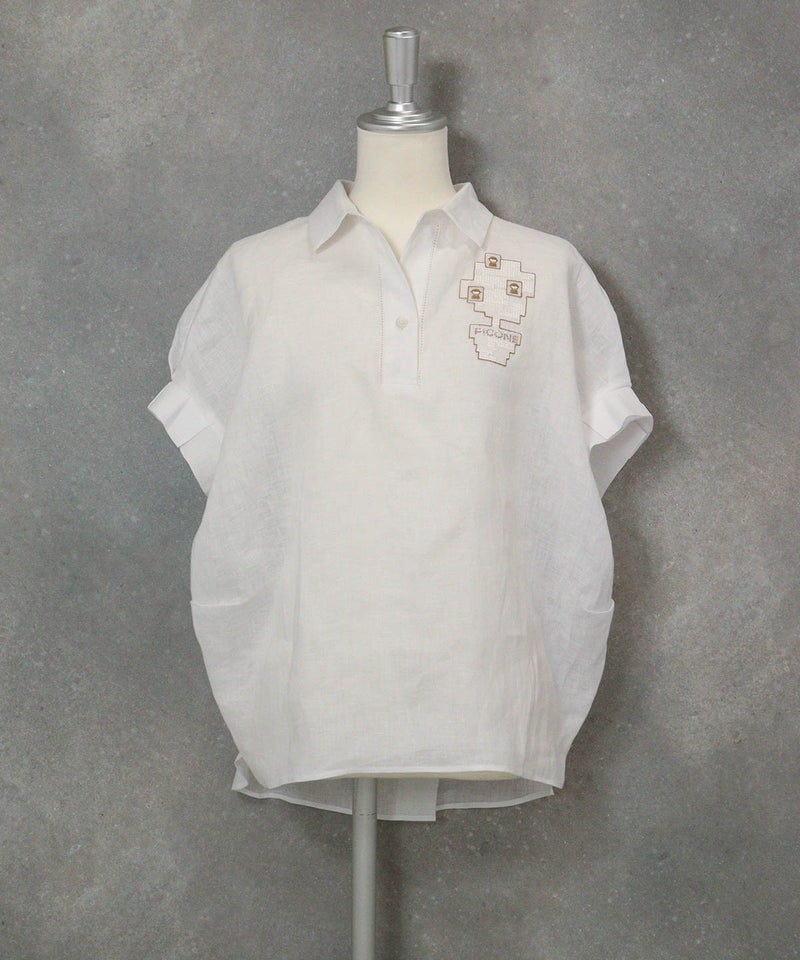 麻100％ポロブラウス(ホワイト)前