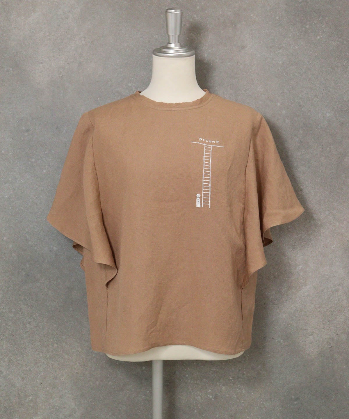 ラッフルスリーブ麻混ブラウス(キャメル)前