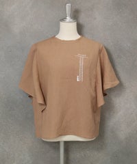 ラッフルスリーブ麻混ブラウス(キャメル)前
