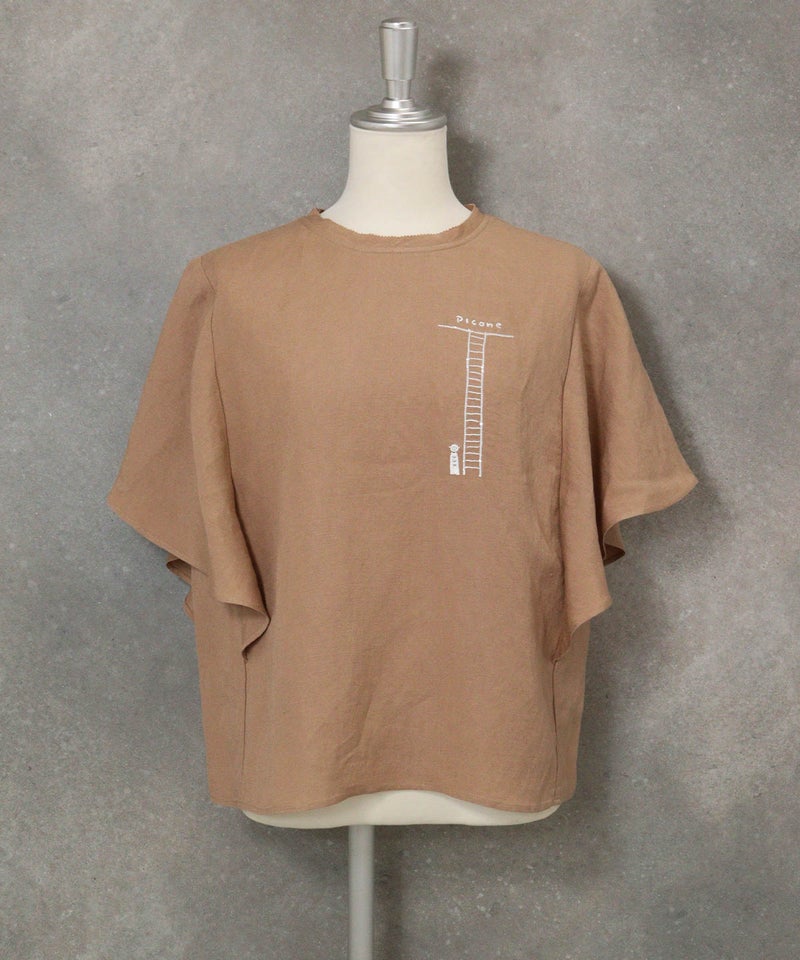 ラッフルスリーブ麻混ブラウス(キャメル)前