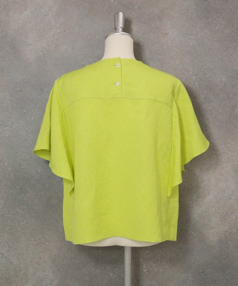 ラッフルスリーブ麻混ブラウス(ライトグリーン)後ろ