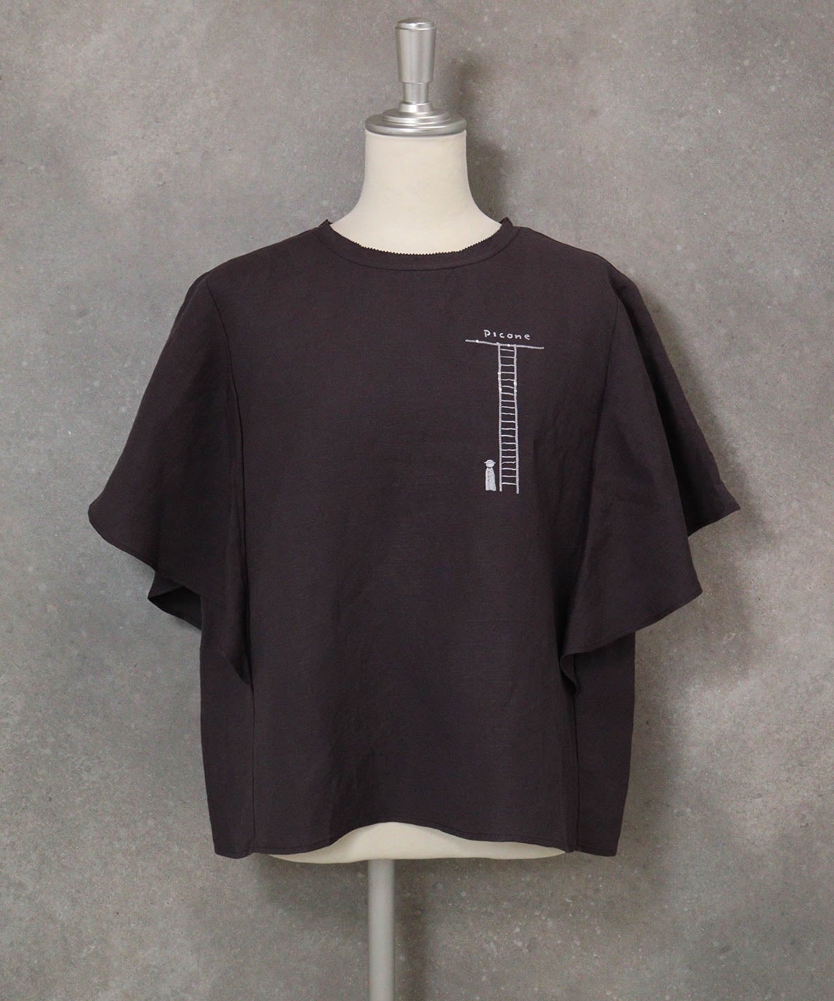 ラッフルスリーブ麻混ブラウス(グレー)前