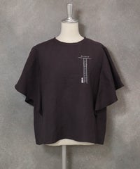 ラッフルスリーブ麻混ブラウス(グレー)前