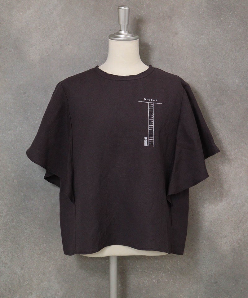 ラッフルスリーブ麻混ブラウス(グレー)前