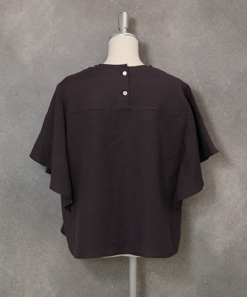 ラッフルスリーブ麻混ブラウス(グレー)後ろ