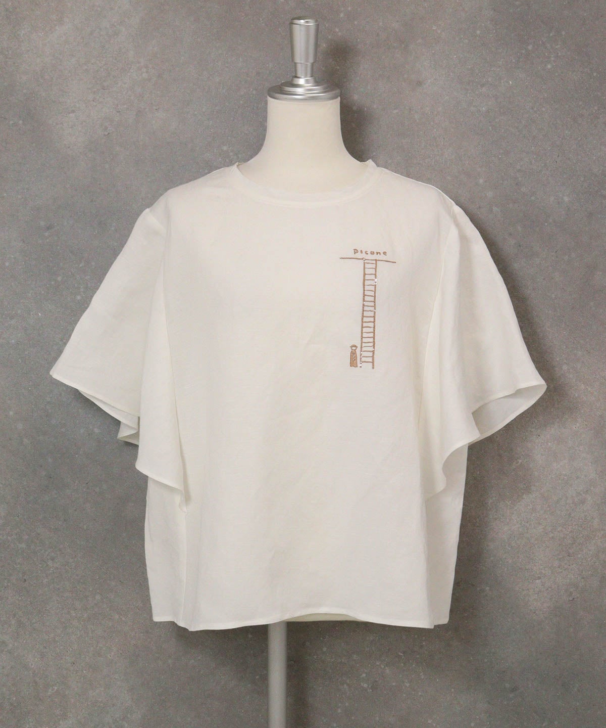 ラッフルスリーブ麻混ブラウス(ホワイト)前