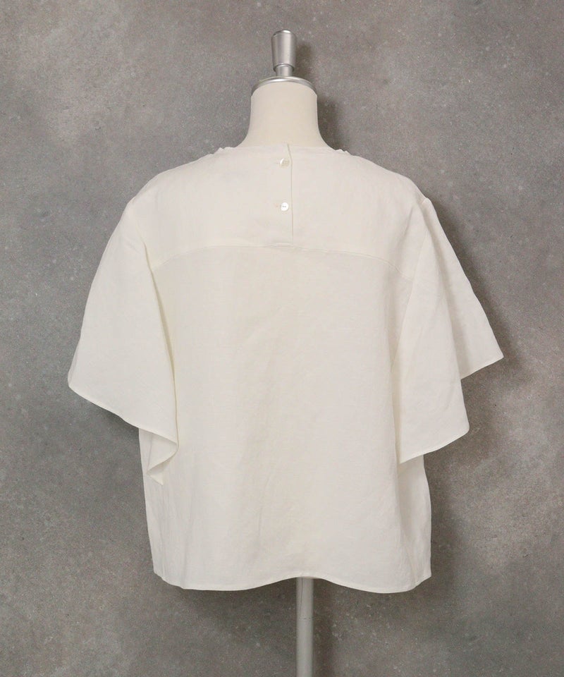 ラッフルスリーブ麻混ブラウス(ホワイト)後ろ