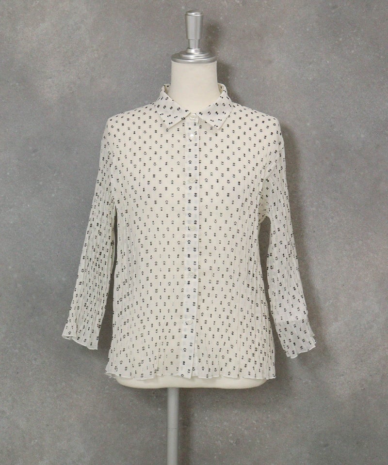 ピコドット柄プリーツシャツ(ホワイト)前