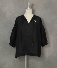 麻100％スキッパーブラウス(ブラック)前