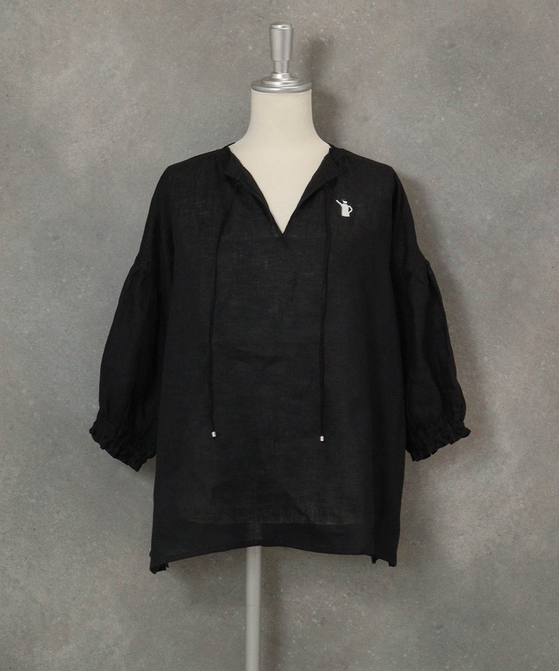 麻100％スキッパーブラウス(ブラック)前