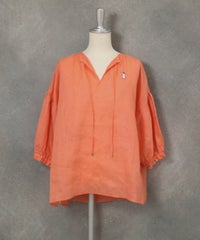 麻100％スキッパーブラウス(オレンジ)前