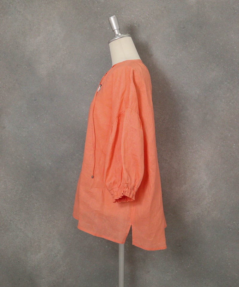 麻100％スキッパーブラウス(オレンジ)横