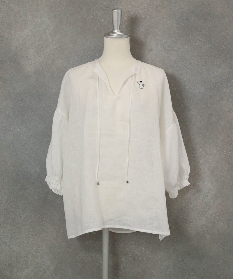 麻100％スキッパーブラウス(ホワイト)前