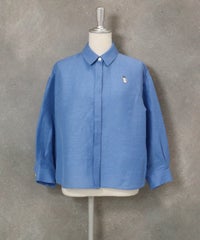 麻混ベーシックブラウス(ブルー)前