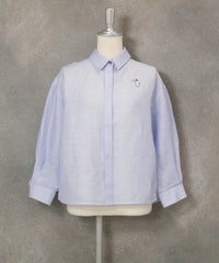 麻混ベーシックブラウス(ライトブルー)前