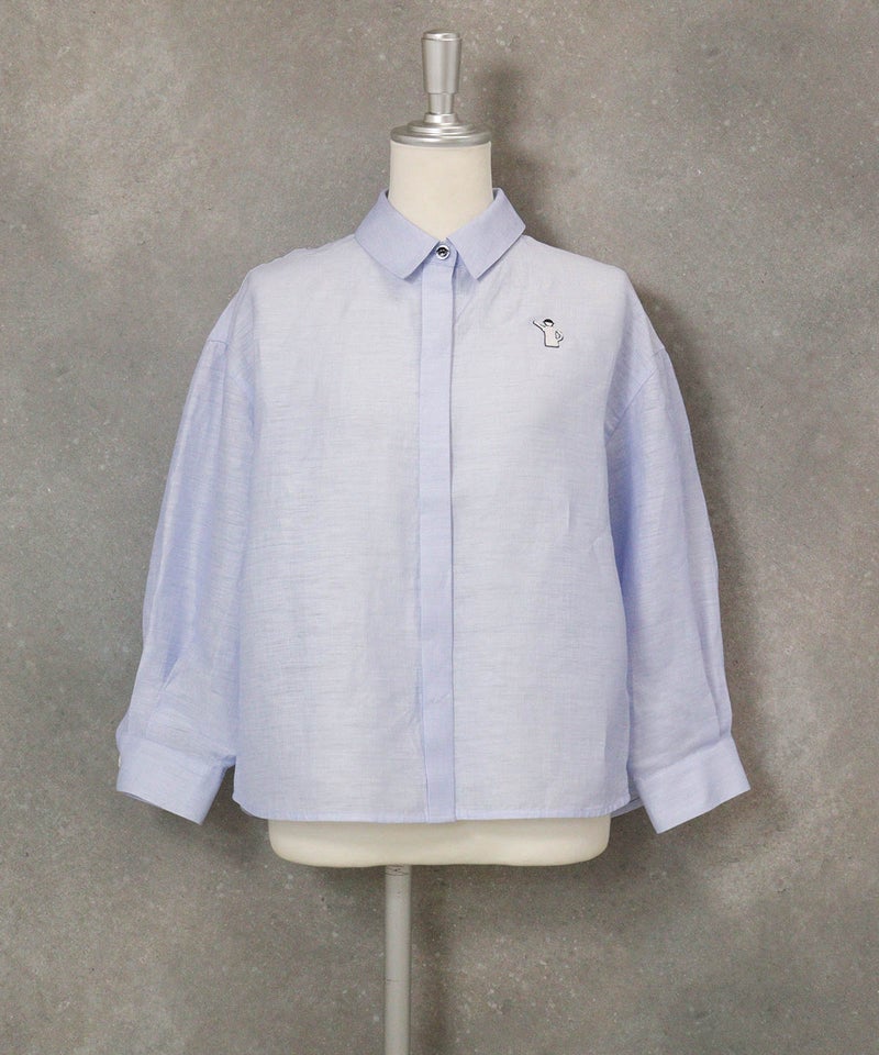 麻混ベーシックブラウス(ライトブルー)前