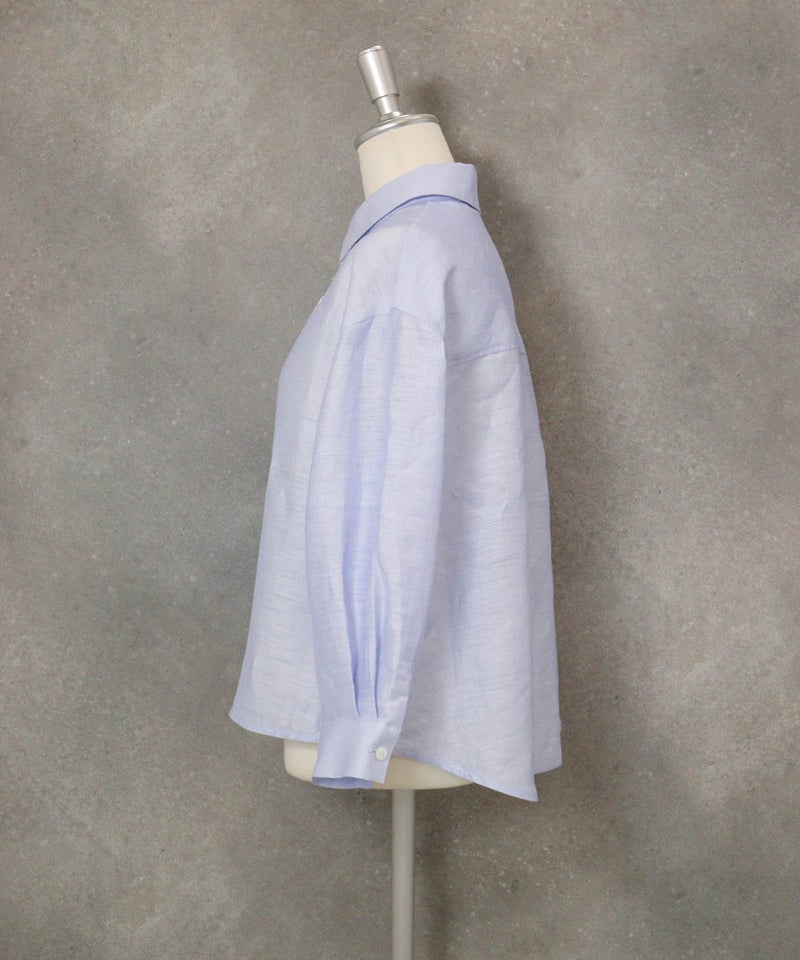 麻混ベーシックブラウス(ライトブルー)横