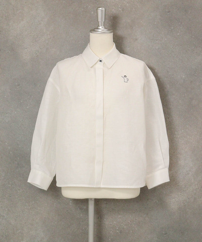 麻混ベーシックブラウス(ホワイト)前