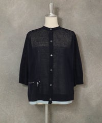 編地切替ニットカーディガン(ネイビー)前