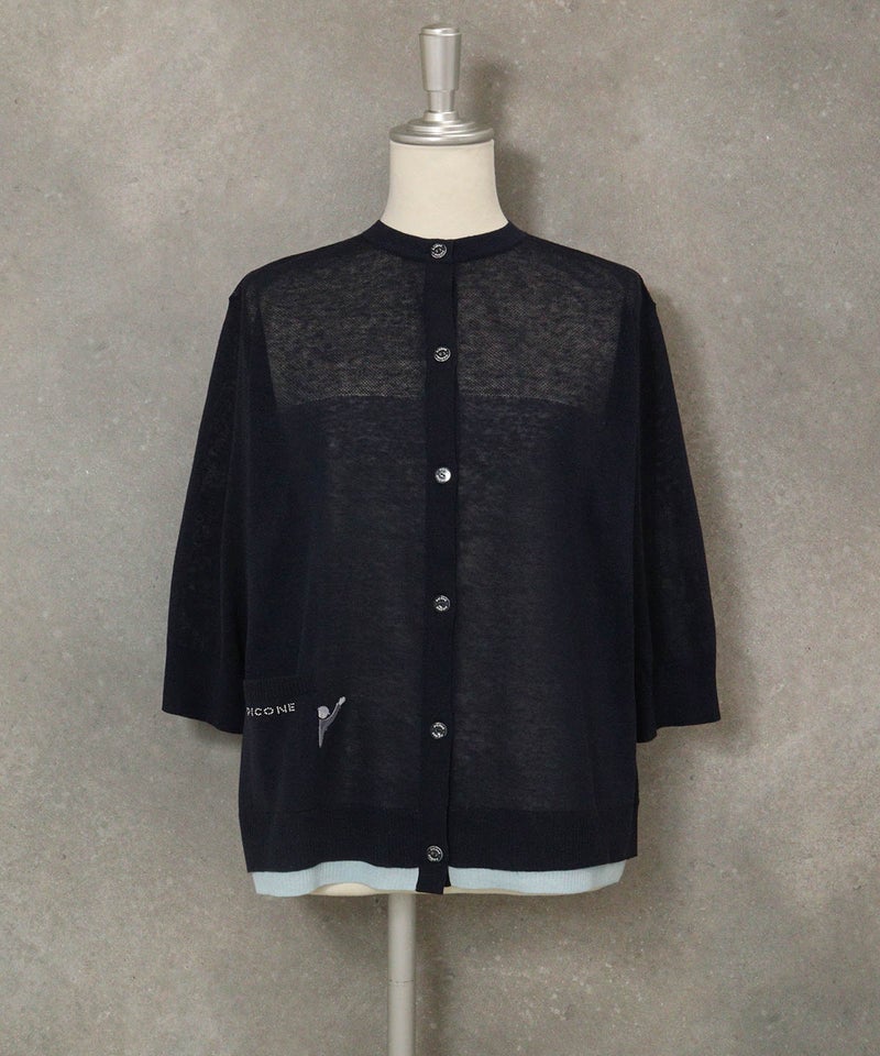 編地切替ニットカーディガン(ネイビー)前