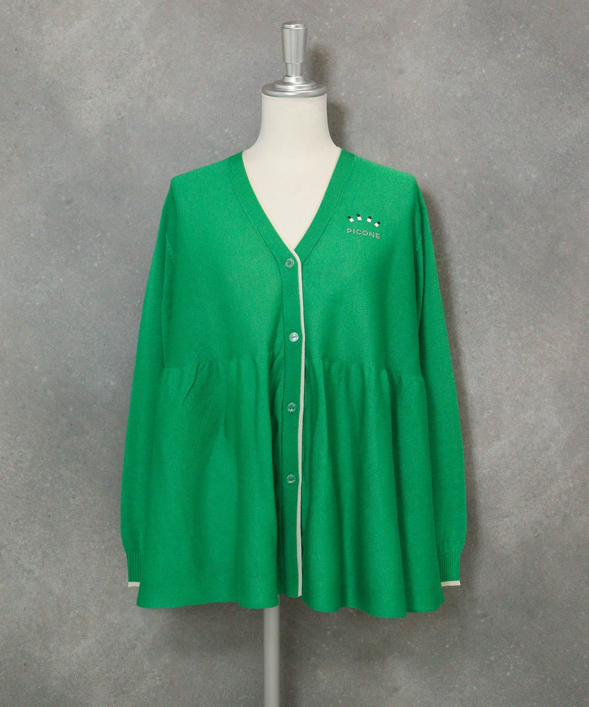 ウェーブ切替ニットカーディガン(グリーン)前