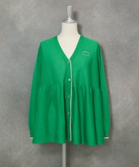 ウェーブ切替ニットカーディガン(グリーン)前