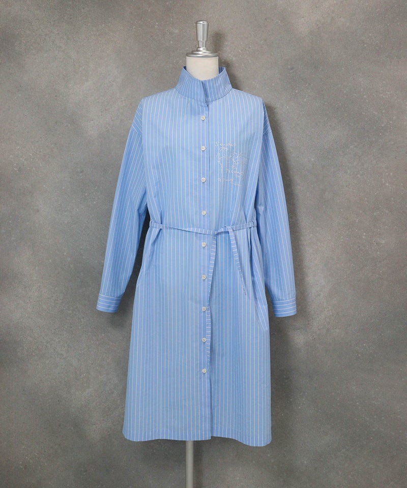 スタンドカラーシャツワンピース(ブルー)前