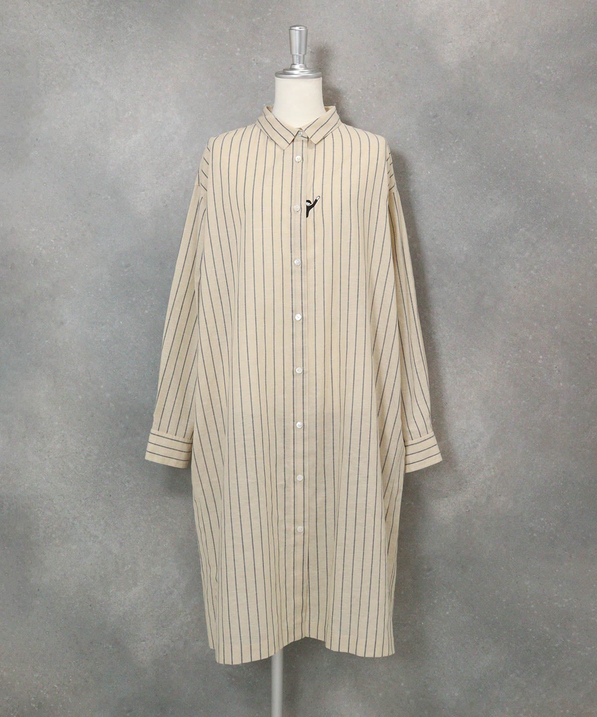 綿麻ストライプシャツワンピース(ベージュ)前