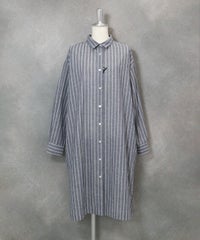 綿麻ストライプシャツワンピース(ネイビー)前
