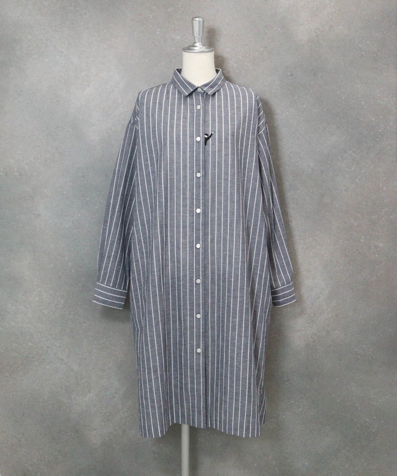 綿麻ストライプシャツワンピース(ネイビー)前