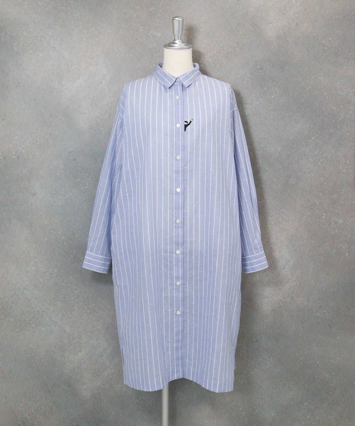 綿麻ストライプシャツワンピース(ブルー)前