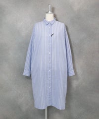 綿麻ストライプシャツワンピース(ブルー)前