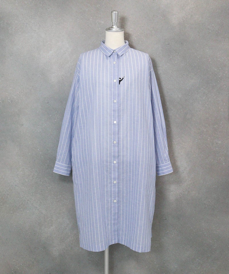 綿麻ストライプシャツワンピース(ブルー)前