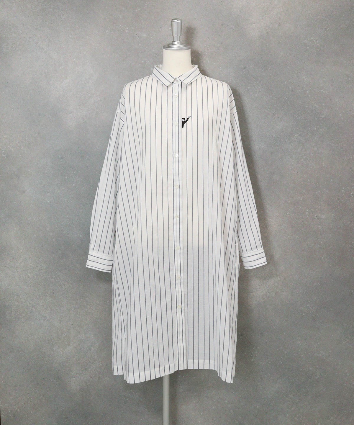 綿麻ストライプシャツワンピース(ホワイト)前