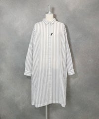 綿麻ストライプシャツワンピース(ホワイト)前