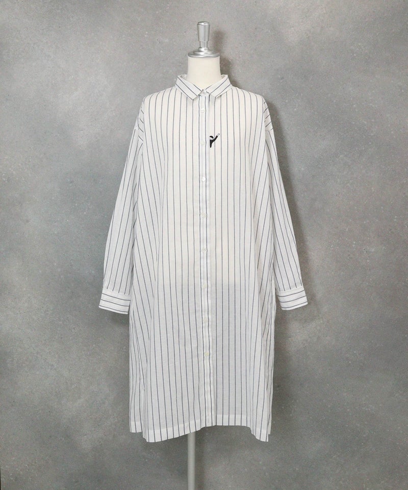 綿麻ストライプシャツワンピース(ホワイト)前