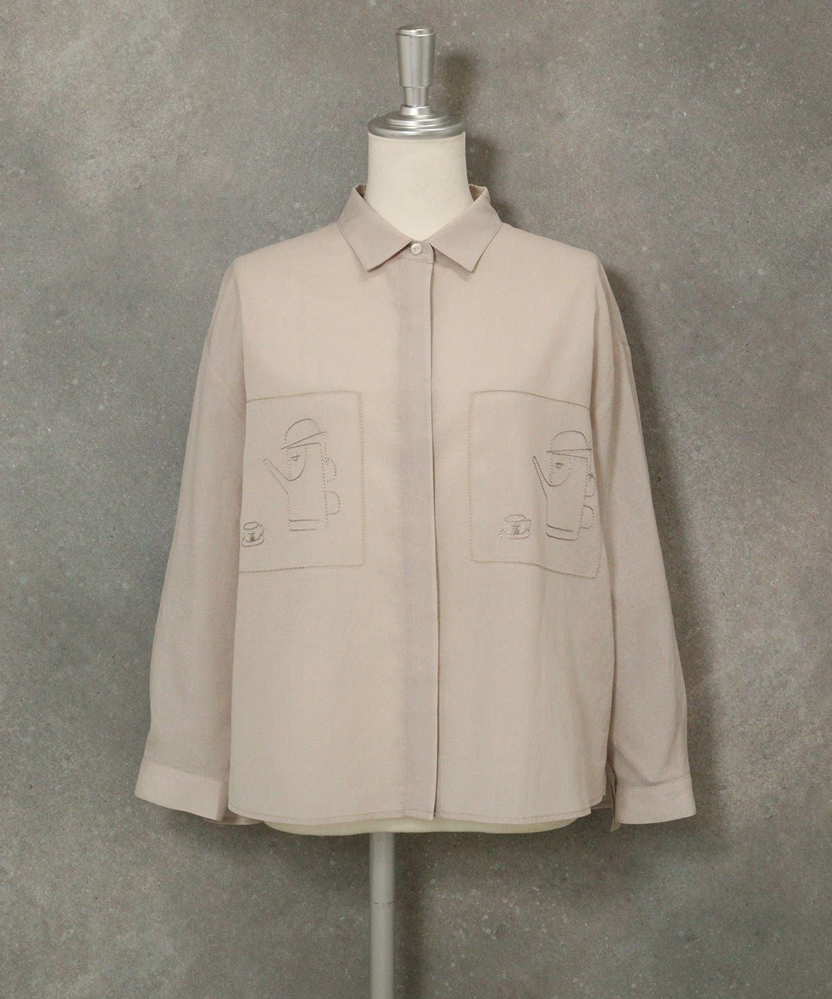 綿麻混カットワーク刺繍シャツ（ベージュ）