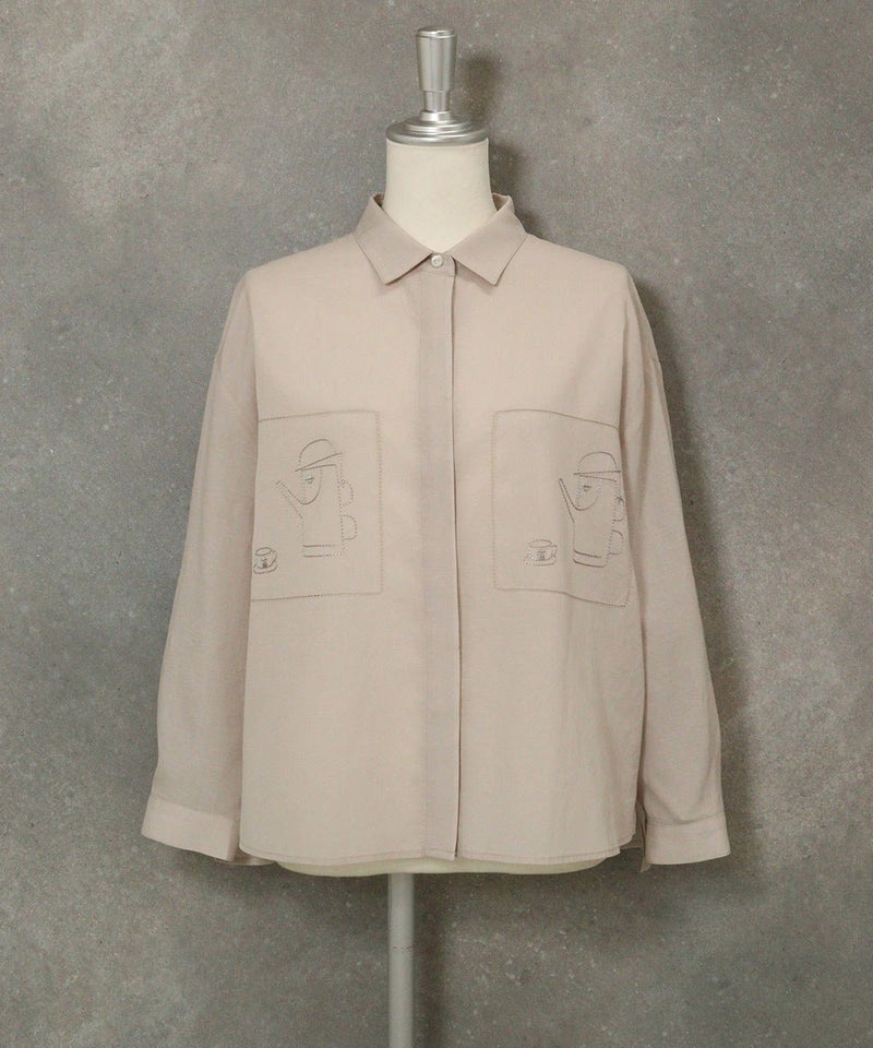 綿麻混カットワーク刺繍シャツ（ベージュ）