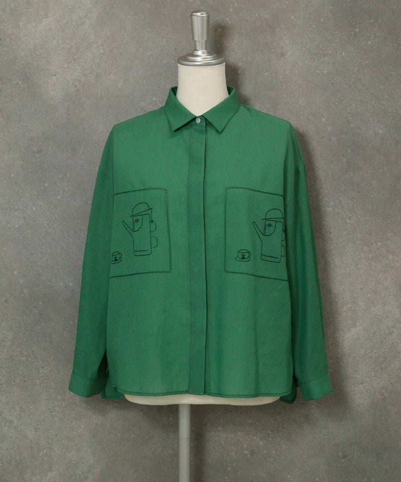 綿麻混カットワーク刺繍シャツ（グリーン）