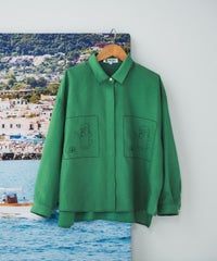 綿麻混カットワーク刺繍シャツ（グリーン）