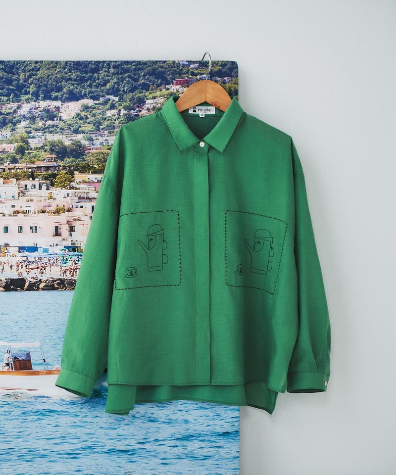 綿麻混カットワーク刺繍シャツ（グリーン）