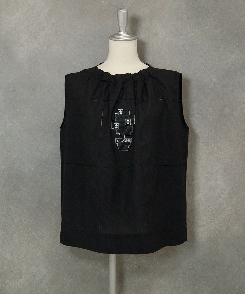 綿麻混ノースリギャザートップス（ブラック）