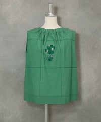 綿麻混ノースリギャザートップス（グリーン）