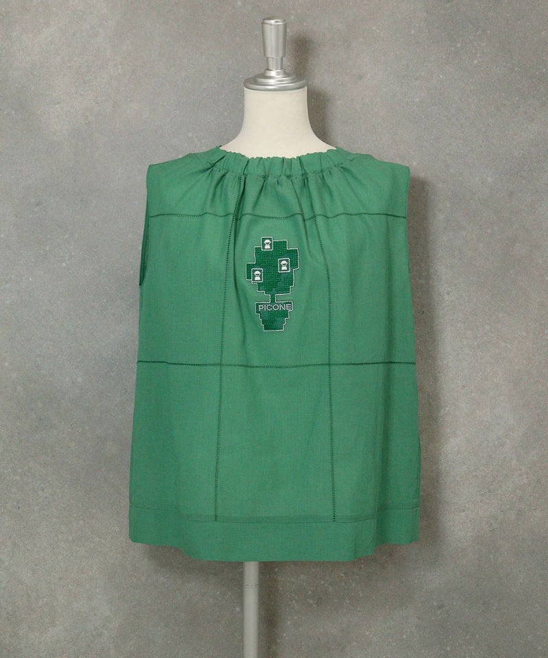 綿麻混ノースリギャザートップス（グリーン）